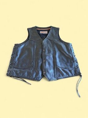 Vintage UNIK Black Heavyweight Leather Motorcycle Biker Vest Lace Up Men’s L Tal